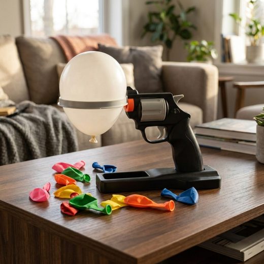 Black balloon pop roulette gun aimed at a white balloon, surrounded by colorful plastic targets on a table.