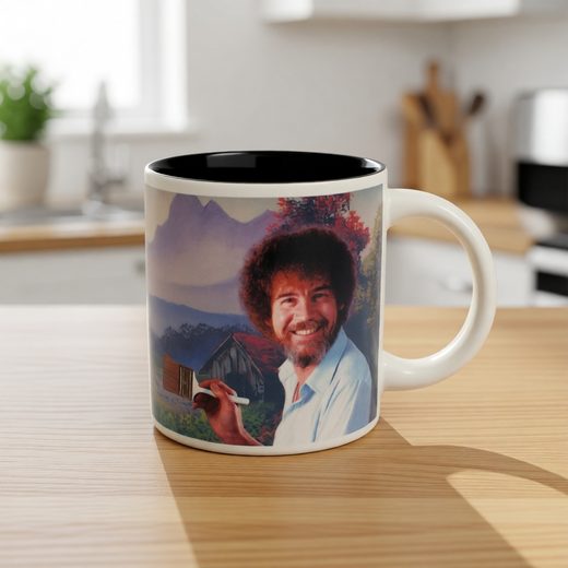 Bob Ross portrait illustration on a white ceramic mug depicting a painted landscape.
