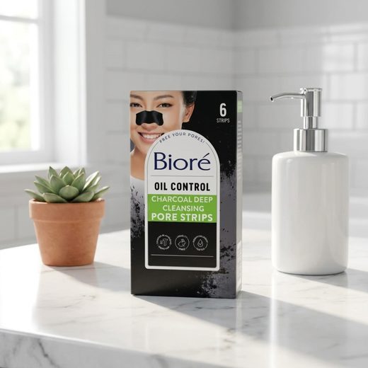 Biore charcoal pore strip box next to a white pump bottle and small potted plant on marble.