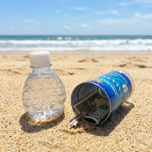 Clear water bottle beside a blue fake Dasani bottle filled with cash and a key on sand.