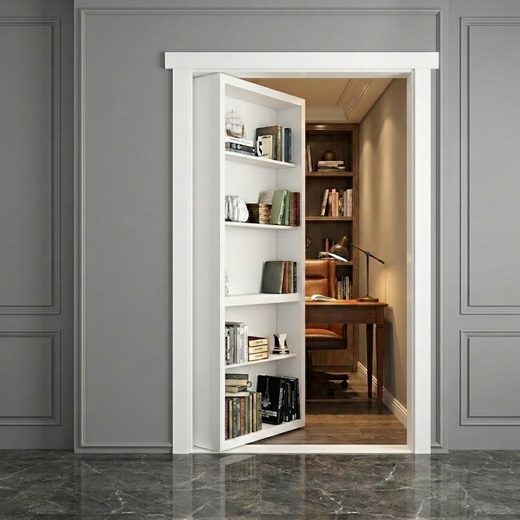 Flush mount bookcase door opening to reveal a hidden secret room and wooden desk inside.