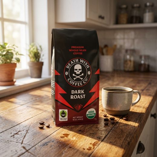 Black and red Death Wish Coffee dark roast bag resting on a wooden table next to a ceramic mug.