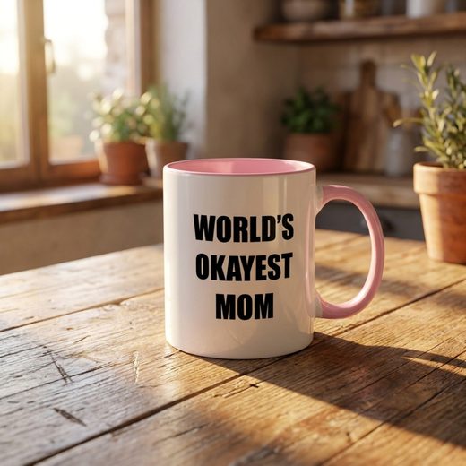 Ceramic coffee mug with a pink handle featuring the text "World's Okayest Mom.