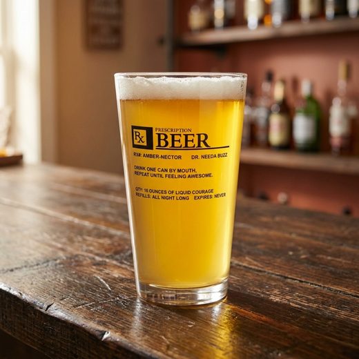 Amber beer in a pint glass decorated with a humorous prescription label design.