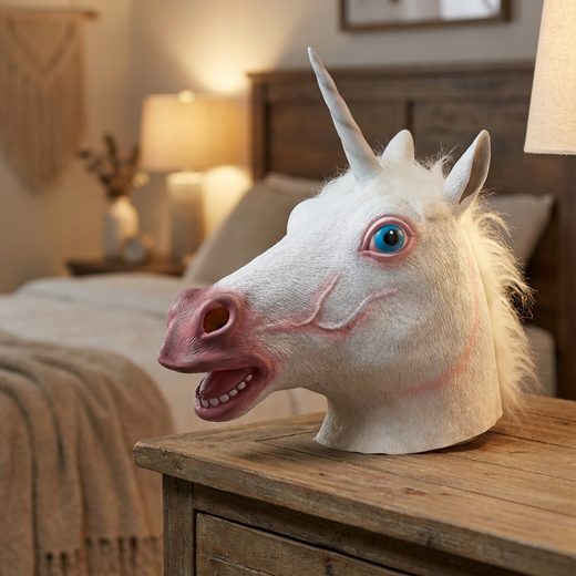 Detailed white latex unicorn mask with a realistic fur mane and horn.