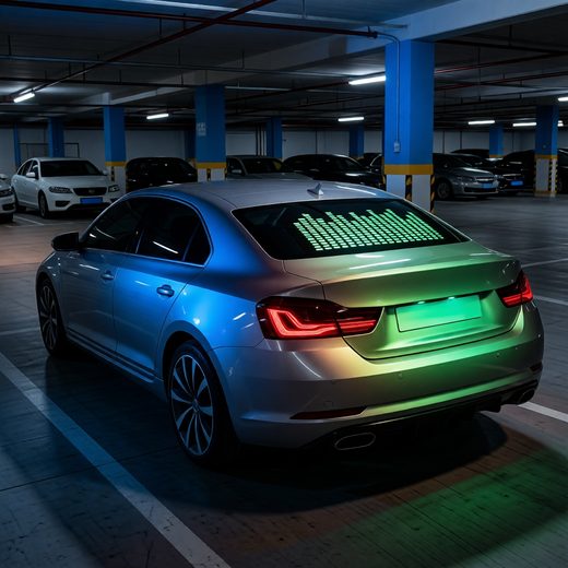 Car rear window featuring a glowing graphic equalizer LED sticker in blue and green.