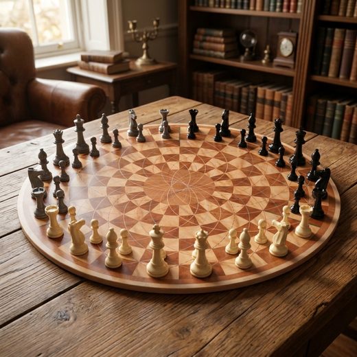 Circular wooden chess board with intricate geometric pattern and black and white pieces.